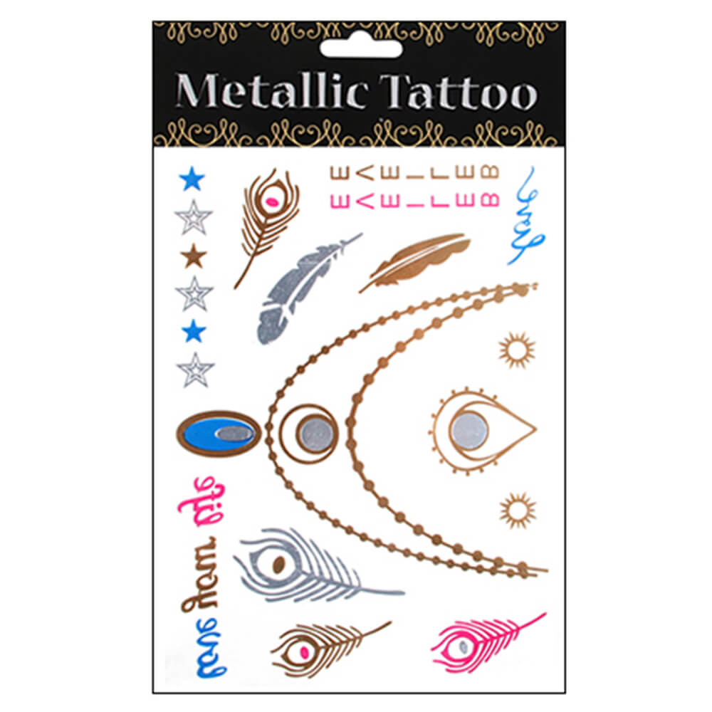 MT-55 Temporäre Tattoos Fake Tattoo  Ketten Federn Sterne Believe silber kupfer blau rosa Metallic Look