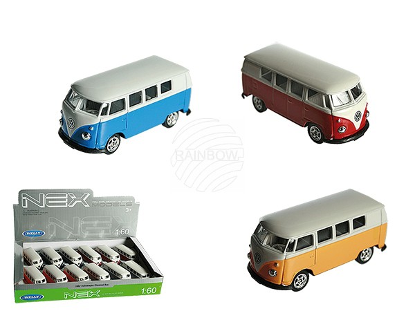 56-0076 Modellauto, VW T1 Bus 1963, aus Metall mit Kunststoff, ca. 7,5 cm, 3-farbig sortiert, 12 Stück im Display, 4320/PAL
