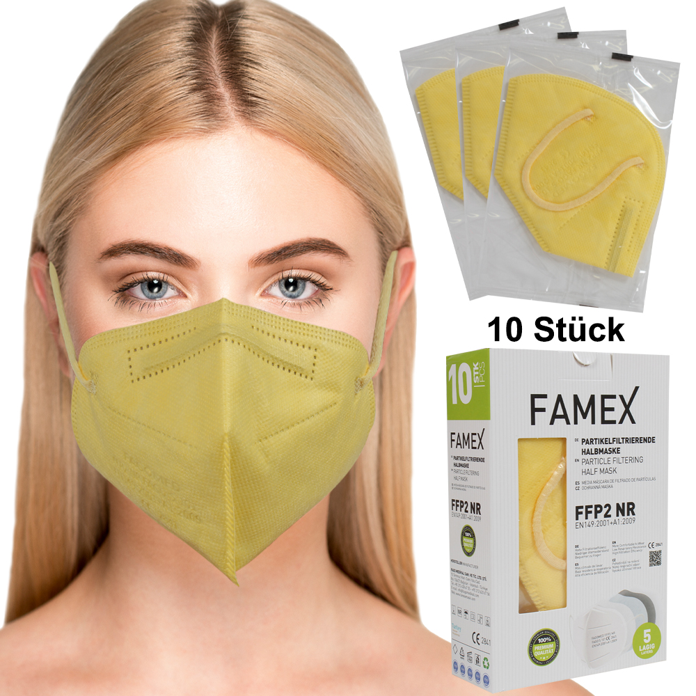 AM-042 Famex  FFP2 Atemschutzmaske Mundschutz Atemmaske gelb10 Stück einzeln verpackt im Karton