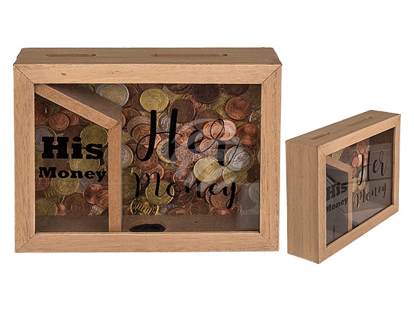 144329 Naturfarbene Holz-Spardose mit 2 Fächern, His money & Her money, ca. 20  x 15 cm