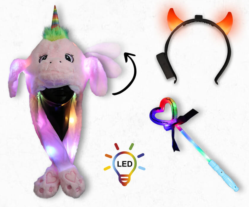 LED Wackelohrmuetze, Teufelshorn und Herz Leuchtstab