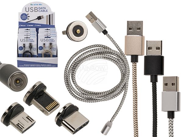 69-0104 USB-Kabel mit 3 magnetischen Aufsätzen, für iPhone, Typ C & Micro, L: ca. 1 m, 3-farbig sortiert, auf Bisterkarte, 12 Stück im Display