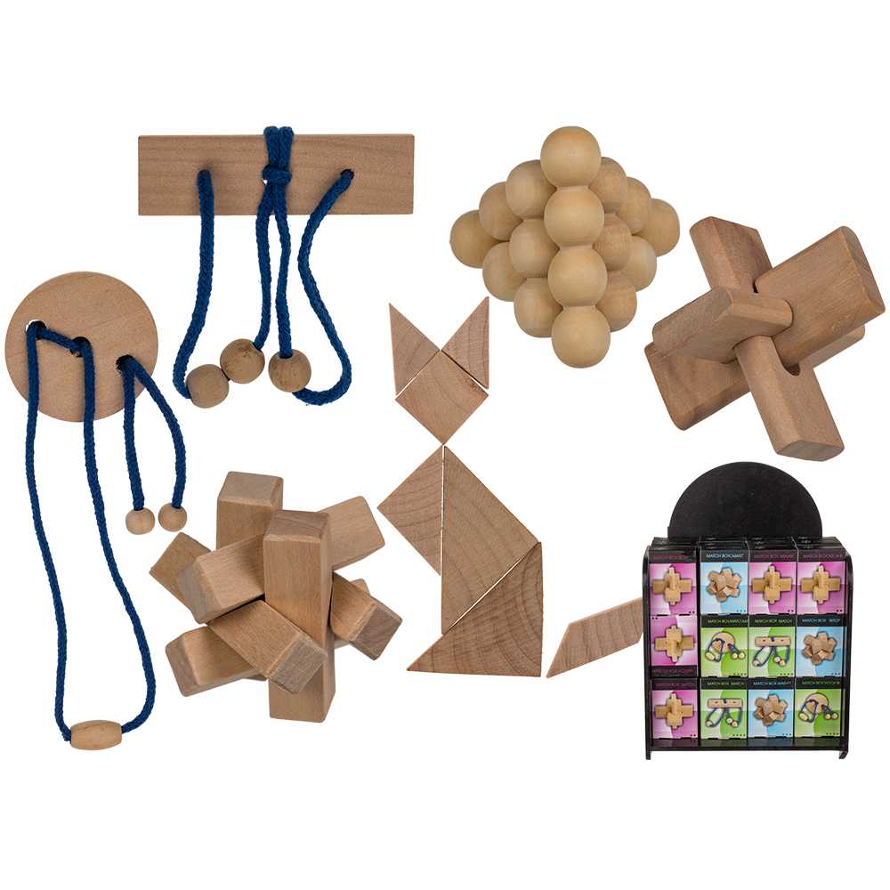 76-6184 Holz-Geschicklichkeitsspiel, Puzzle, ca. 4,5 x 4,5 cm, 6-fach sortiert, 48 Stück im Display