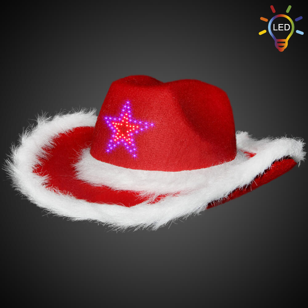 WM-54  Weihnachts Cowboyhut rot mit Pelzrand und Leuchtstern  