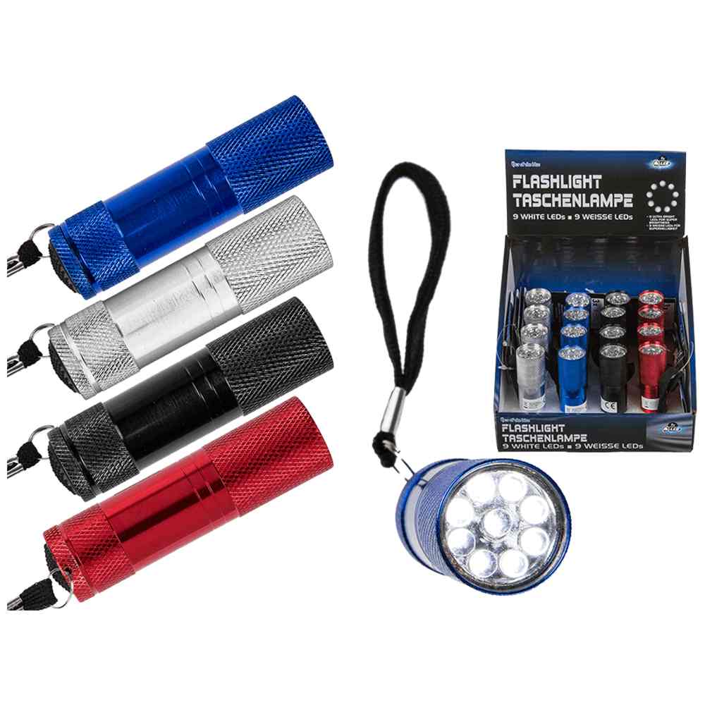 57-9647 Metall-Taschenlampe mit 9 LED, ca. 8,5 cm, 4-farbig sortiert, für 3 Micro Batterien (AAA) 16 Stück im Display, 4096/PAL