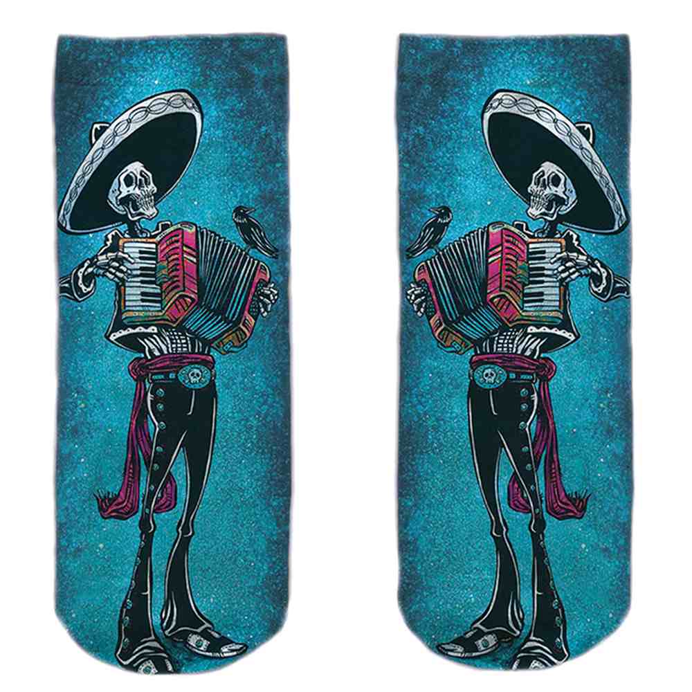 SO-L126  Motiv Socken blau weiß Mexikanisches Skelett Akkordeon