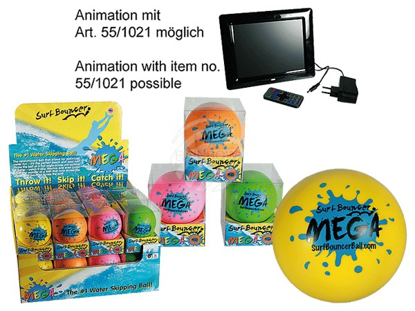 12-0965 Soft-Springball, Surf Bouncer - Mega, ca. 8,5 cm, 4-farbig sortiert, in PVC-Box, 24 Stück im Display, 1152/PAL