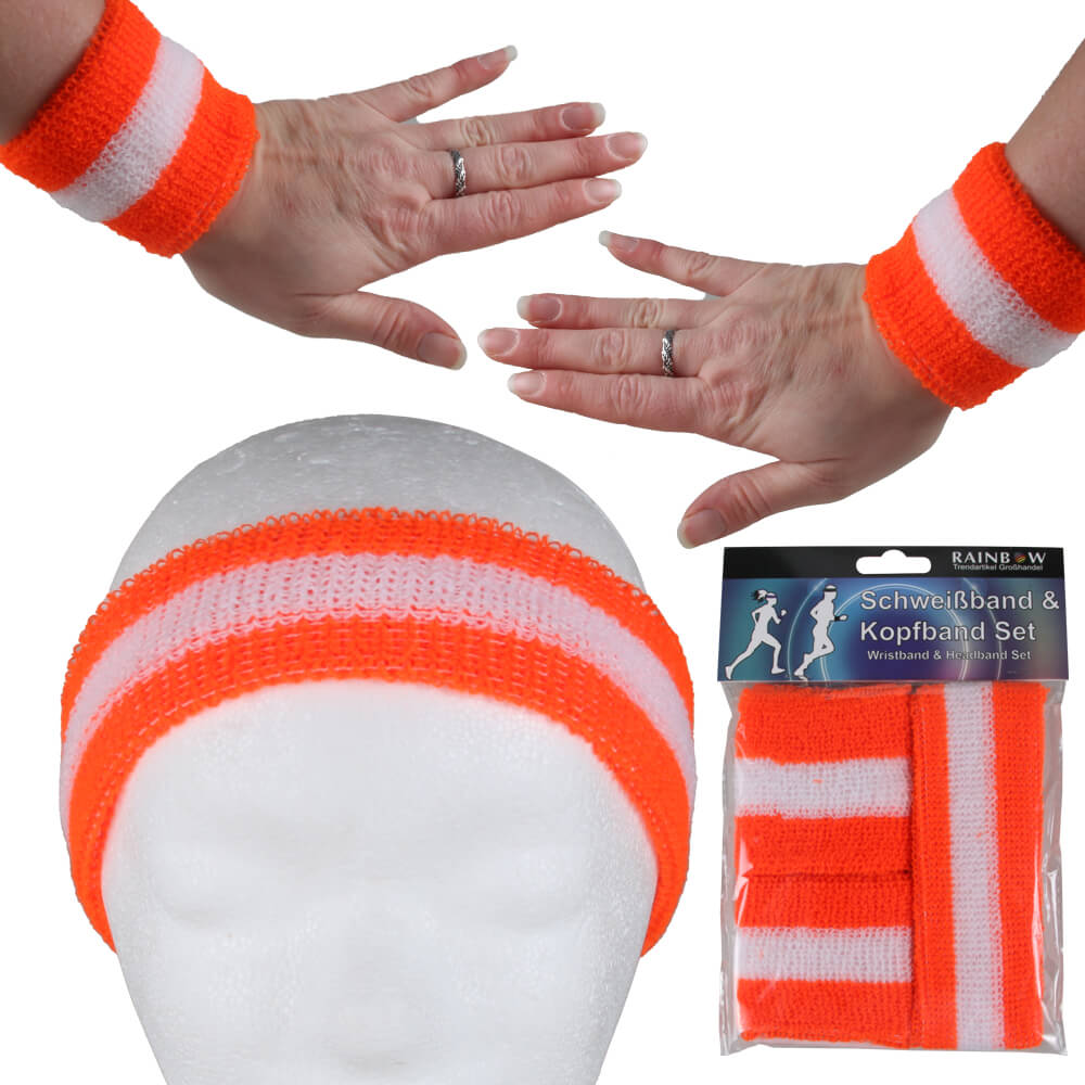 SBA-05 Schweißband Kopfband Set neon orange weiß gestreift