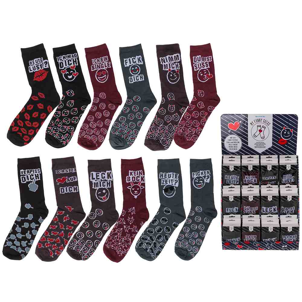 02-1402 Socken mit lustigen Sprüchen II, Einheitsgröße, ca. 40 g, 75% Baumwolle, 23% Polyester & 2% Elasthan, 24 Paare im Display, 1296/PAL