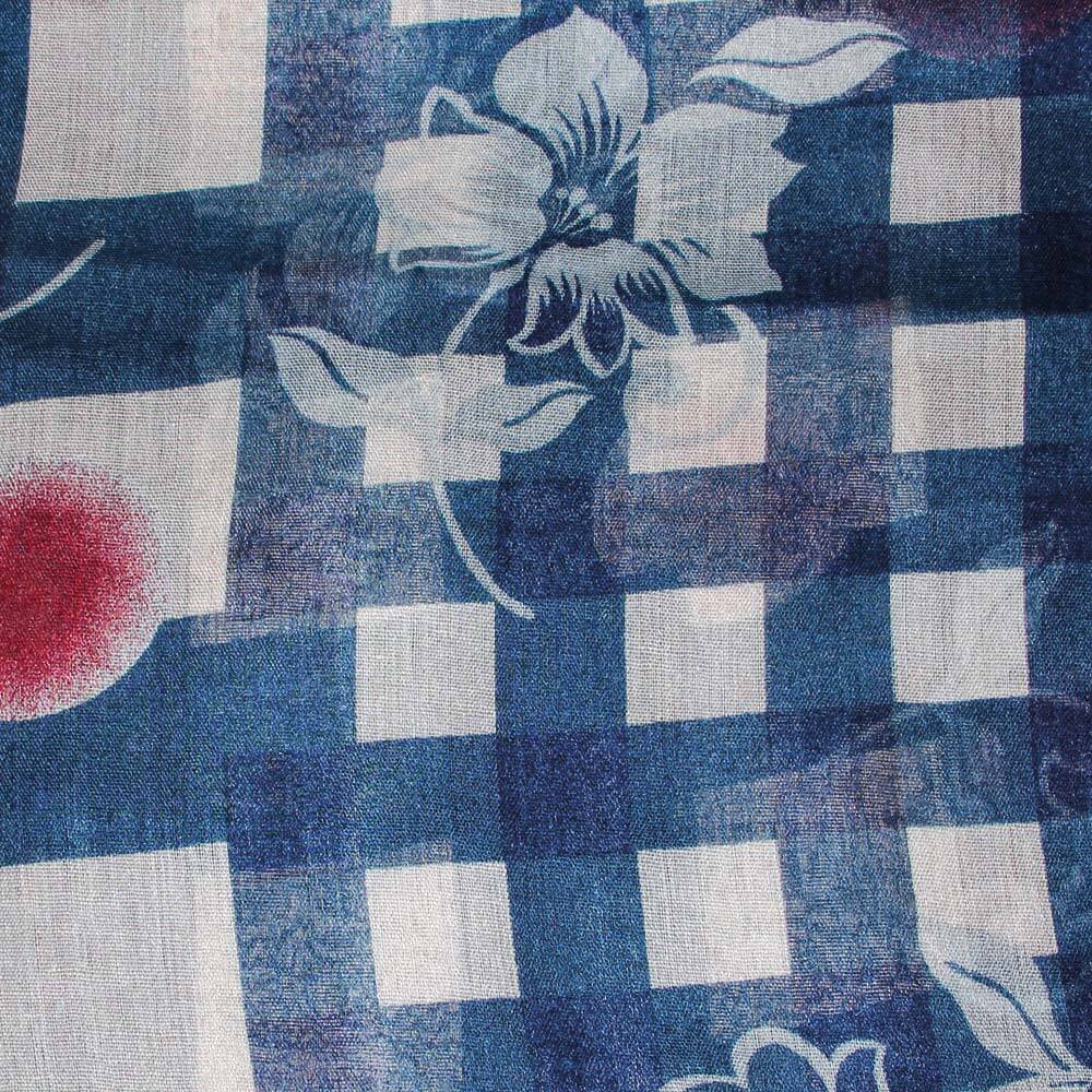 SCH-1612b Damen Loopschal Karo Karomuster Kreise Blumen Blüten floral blau hellblau weiß