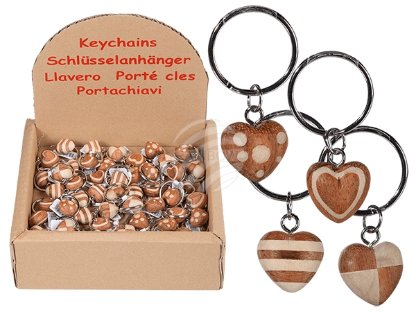 76-0994 Metall-Schlüsselanhänger, Naturholz-Mini Herz, ca. 4,5 cm, 4-fach sortiert, 48 Stück im Display