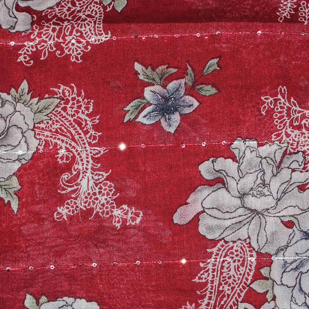 SCH-1617d Damen Loopschal mit Pailletten Paisley Linien Blumen Blüten Blätter floral rot 