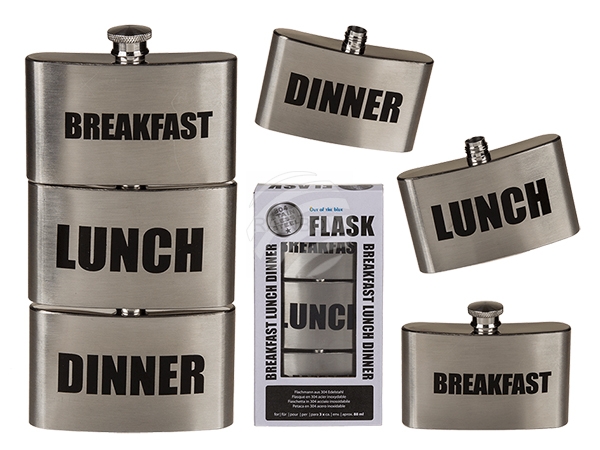 70-2980 Edelstahl-Flachmann, Breakfast-Lunch-Dinner, für ca. 3 x 88 ml, ca. 9,5 x 2,2 x 18,5 cm, 960/PAL