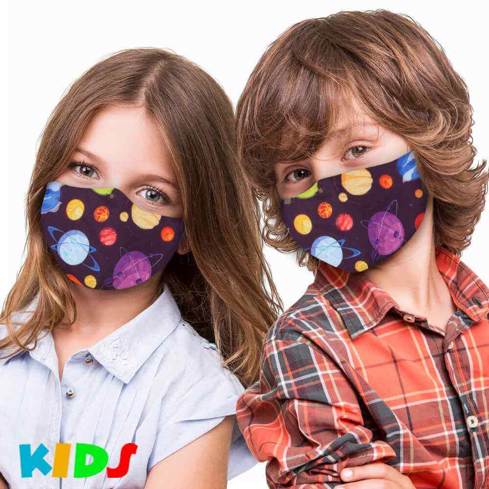AMK-102 bedruckte Kindermasken Kinder Masken mit Druck violett lila Planeten Weltall Galaxie