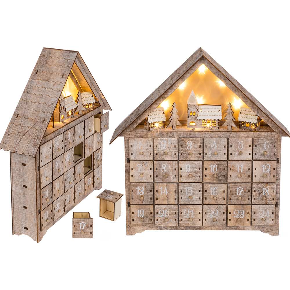 960382 Holz-Adventskalaender, Haus mit warmweißen LED, ca. 35,8 x 38 cm, für 2 Mignon Batterien (AA)