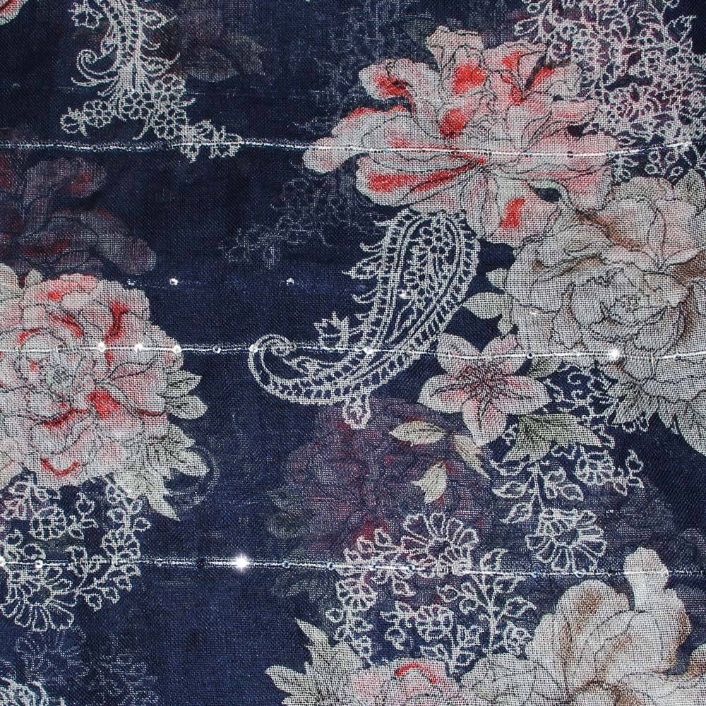 SCH-1617c Damen Loopschal mit Pailletten Paisley Linien Blumen Blüten Blätter floral blau