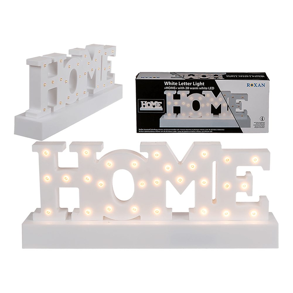 220339 Weißer Schriftzug, Home, mit 28 warmweißen LED, ca. 30 x 12 cm, aus Kunststoff, für 3 Mignon Batterien (AA) im Geschenkkarton