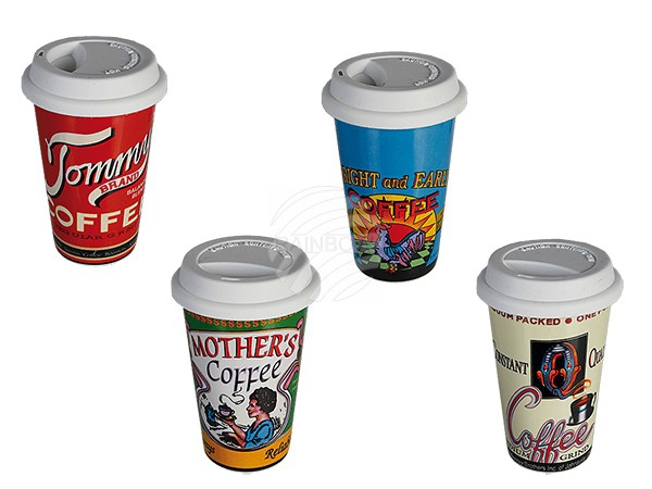 78-8072 Porzellan-Becher mit Silikondeckel, Nostalgic Coffee Brand to go, ca. 16 x 10 cm, 4-fach sortiert, 12 Stück im Aufsteller