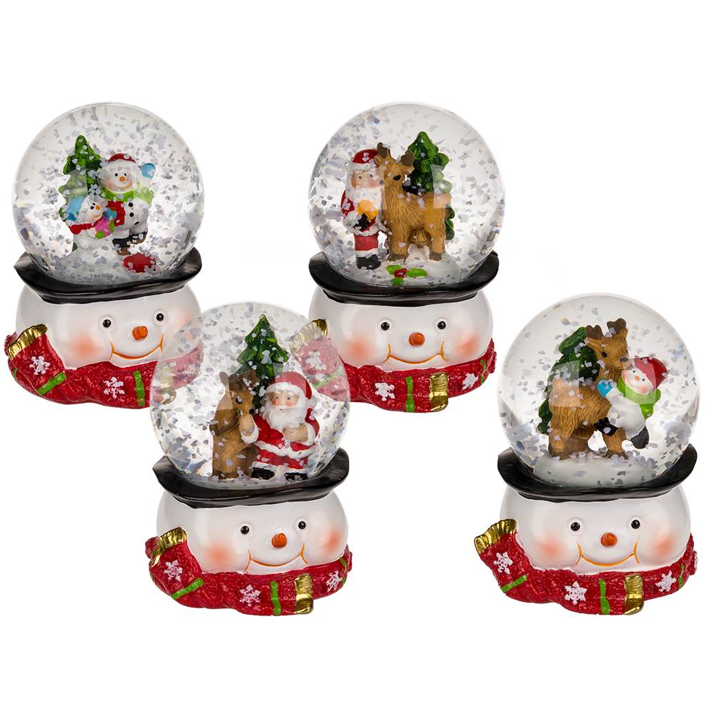 950142 Schneekugel mit Weihnachtsmann & Rentier, auf Schneemann Sockel, ca. 5,2 x 6,5 cm, aus Polyresin, 4-fach sortiert, 12 Stück im Display