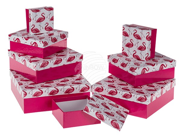 101679 Pinkfarbene Geschenkkartonage mit Flamingos, ca. 22,5 x 22,5 x 8 cm, 8er Set, einzelne EAN-Auszeichnung, 216/PAL