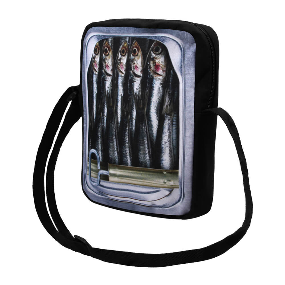 MEB-k032 Messenger Bag Motiv: Fischdose Farbe: grau, fotorealistisch