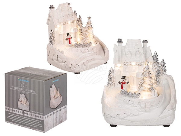 960172 Weißes Polyresin-Winterhaus mit Weihnachtsmusik, Schneemann, drehender Tannenbaum & warmweißen LED, ca. 17,5 x 16,5 cm, für 3 Micro Batterien (AAA) in Geschenkpackung