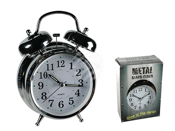 79-3073 Metall-Wecker, Chrom, ca. 18 x 12 cm, für 2 Mignon Batterien (AA), 504/PAL