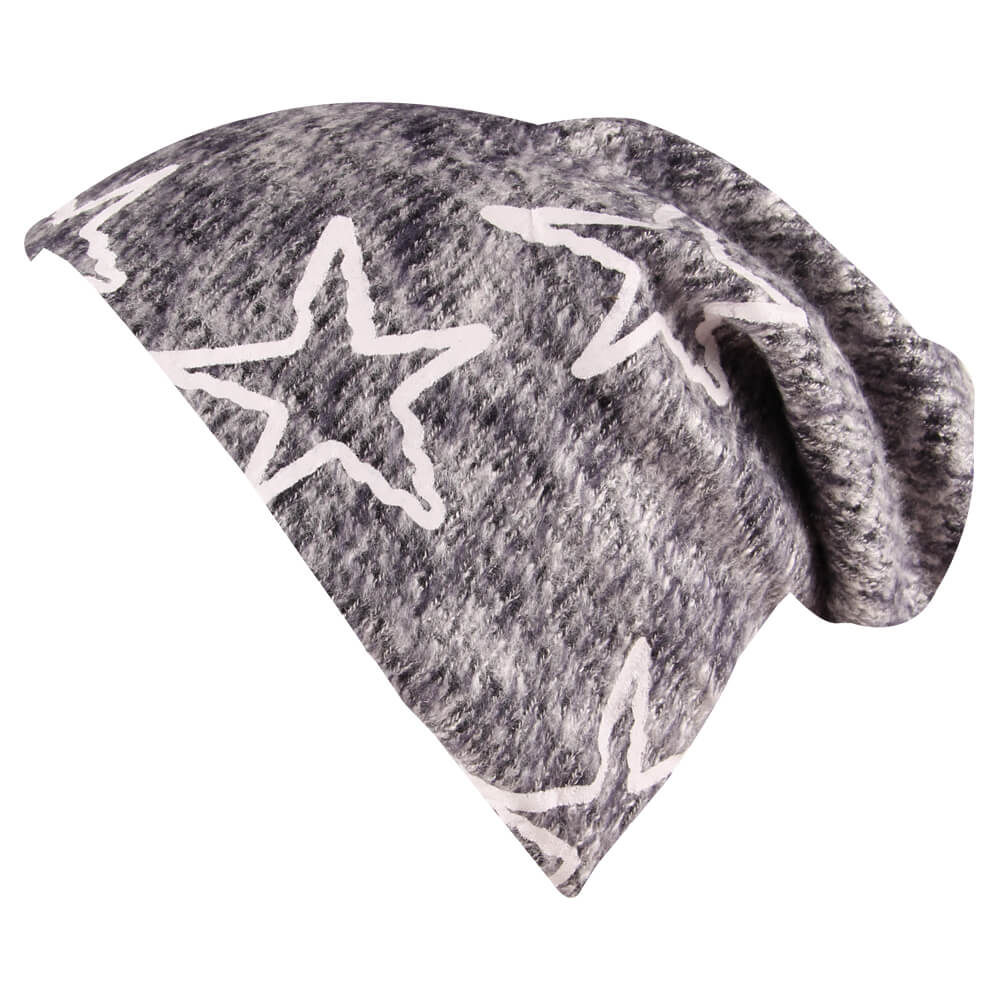 SM-422 Long Beanie Slouch Mütze grau hellgrau meliert Strickmuster Sterne weiß