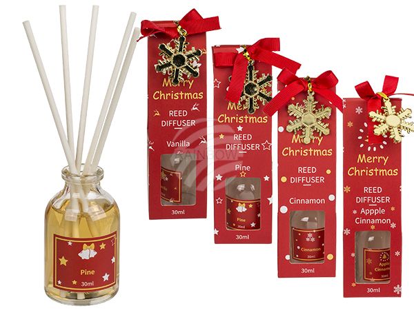 200359 Raumduft, 30 ml (Vanilla, Apple-Cinnamon, Pine, Cinnamon sortiert) mit 6 Holzstäben, im roten Geschenkkarton mit Fenster, 12 Stück im Display - UN1266, 2592/PAL