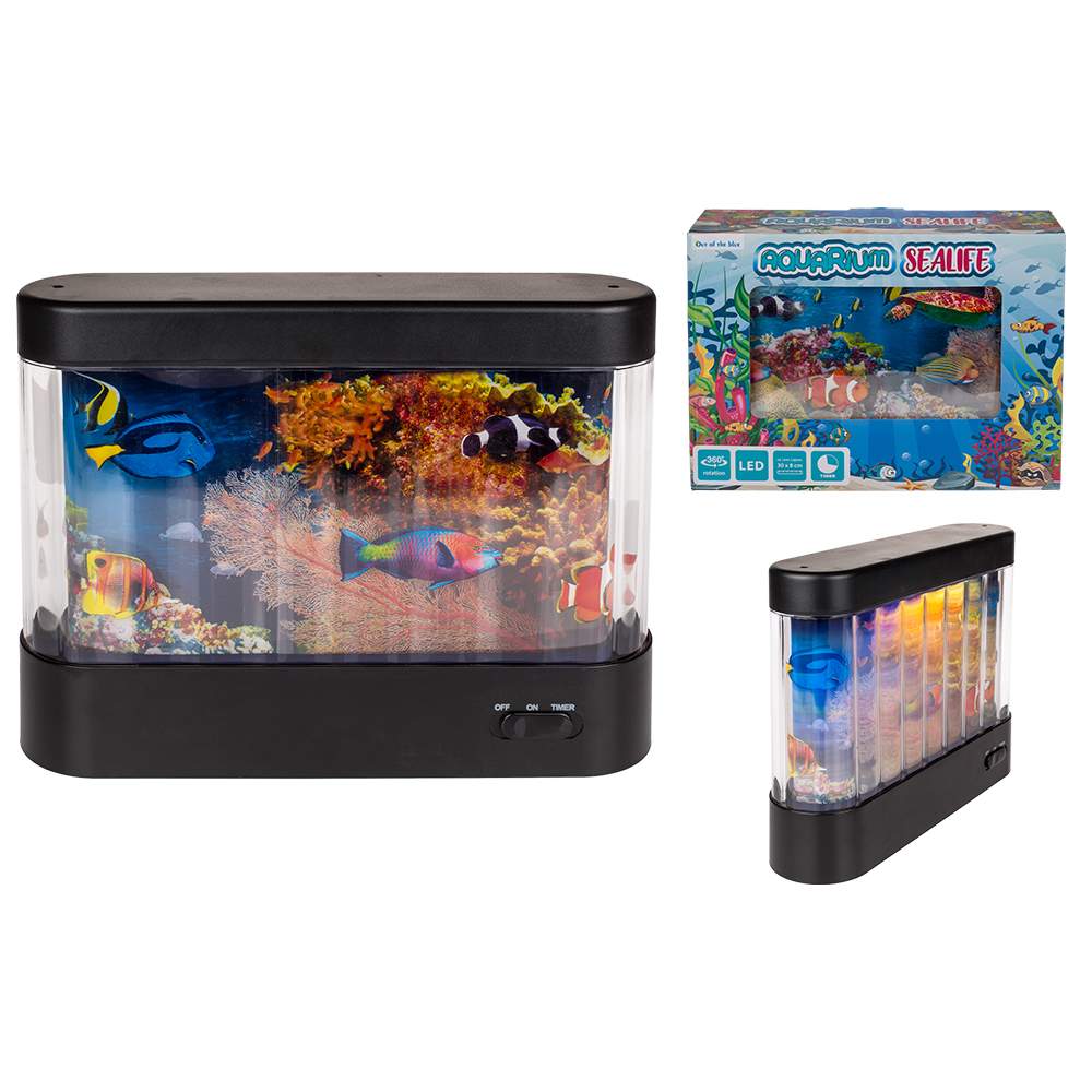 50-2017 Aquarium mit LED & 360°-Drehung, Seaworld, ca. 30 x 8 cm, aus Kunststoff, für 6 Baby Batterien (C) in Geschenkverpackung