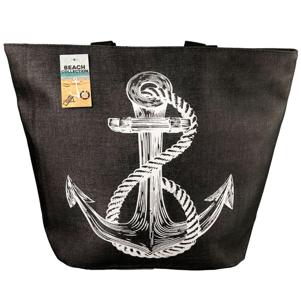 TT-M54 Shopper Einkaufstasche Strandtasche Beach Bag Tragetasche schwarz Maritim Anker Material Flax ca 52x49x19 cm