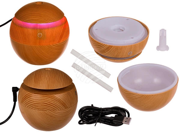 76-3398 Kunststoff-Luftbefeuchter/Öl-Diffuser, Wooden Optic, mit 7 farbwechselnden LED & USB-Kabel, für ca. 120 ml, ca. 11 cm, 432/PAL